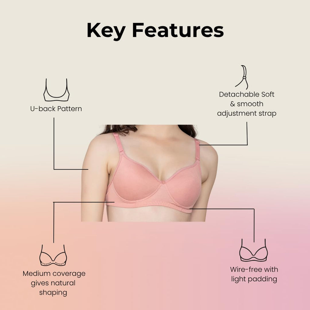 Bloom Cotton Blend Lightly Padded Bra | Seamless Full Coverage T-Shirt Bra for Women | Wire-Free Daily Use Innerwear - Pink