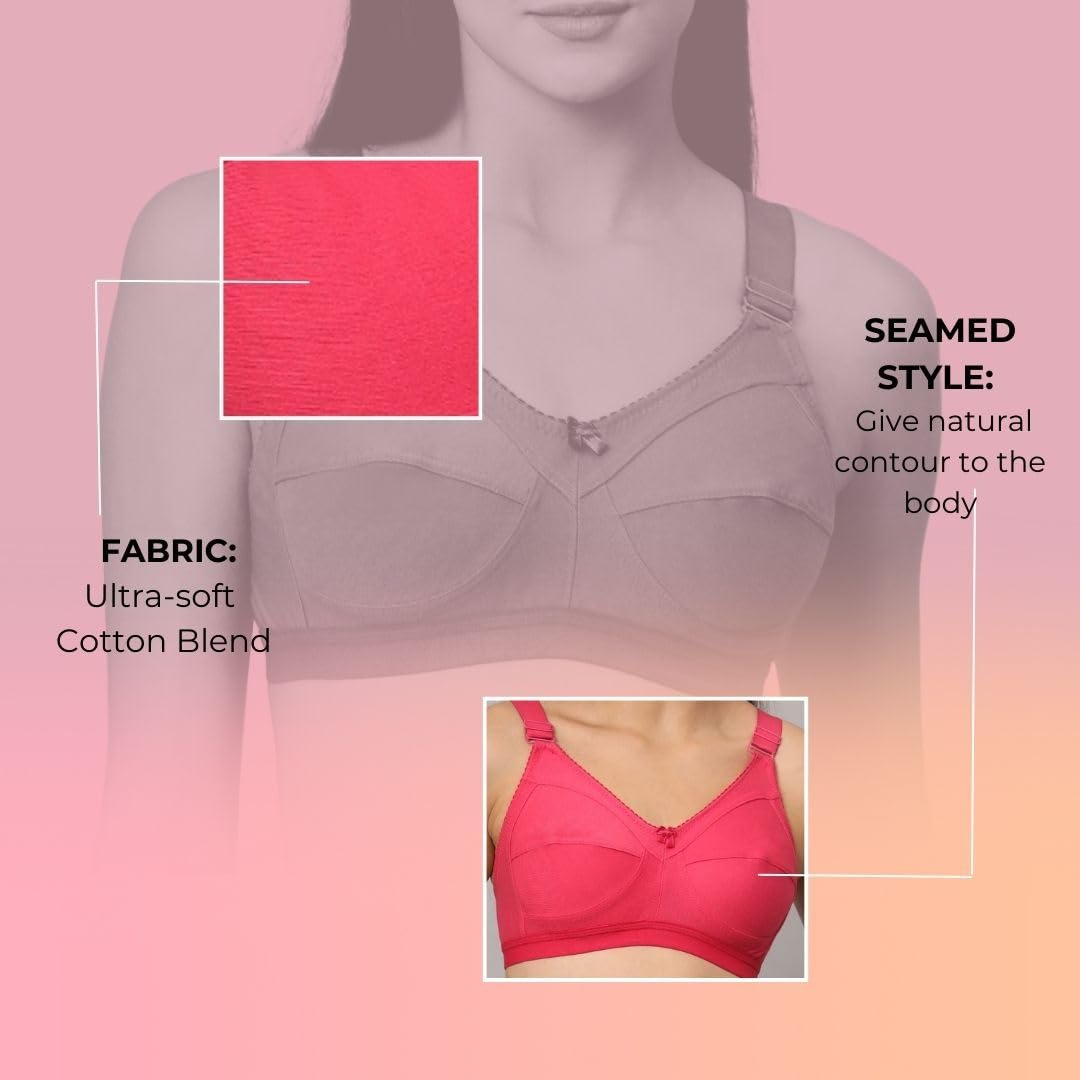 Savauge Full Coverage Non-Padded Cotton Blend Bra | Seamed Support Bra for Heavy Bust with Adjustable Straps | Minimizer Bra for Women - Pink