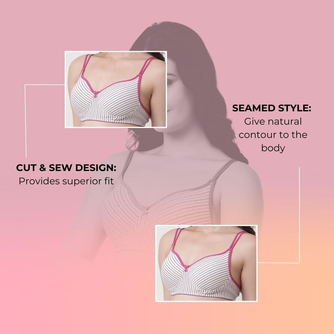 Innermuller VICTORIA Women's Cotton Lightly Padded Everyday Bra | Full Coverage | Soft Wire-Free Innerwear (Green, Orange, Pink)
