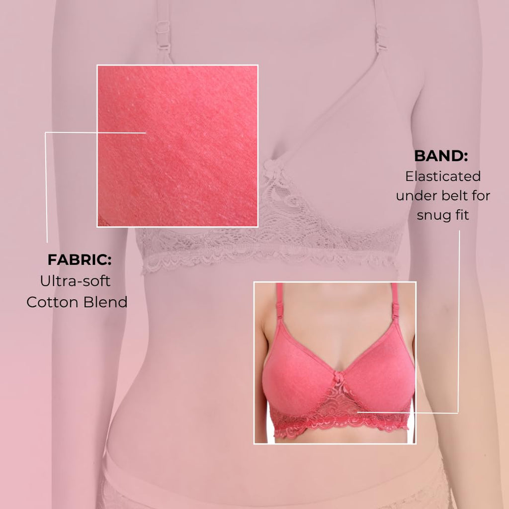 Hawty Shotty Lightly Padded Seamless T-Shirt Bra | Full Coverage Wire-Free Lacy Padded Cotton Bra for Women | Adjustable Straps - Pink