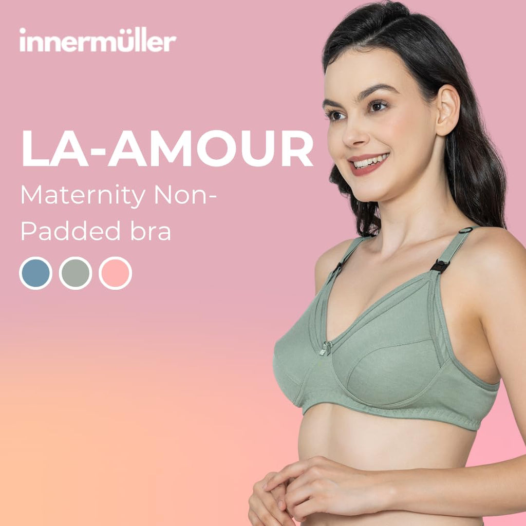 LA-Amour Maternity Bra | Non-Padded, Non-Wired Cotton Blend Feeding Bra for Breastfeeding Moms | Full Coverage Seamed Bra for Lactating Mothers - Green