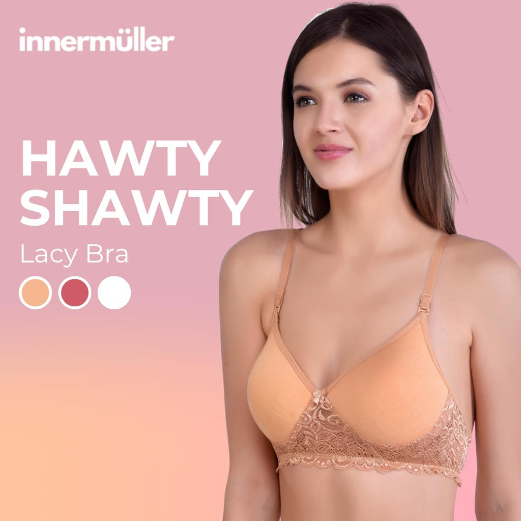 Hawty Shotty Lightly Padded Seamless T-Shirt Bra | Full Coverage Wire-Free Lacy Padded Cotton Bra for Women | Adjustable Straps - Skin