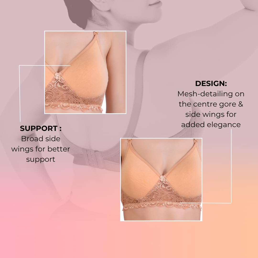 Hawty Shotty Lightly Padded Seamless T-Shirt Bra | Full Coverage Wire-Free Lacy Padded Cotton Bra for Women | Adjustable Straps - Skin