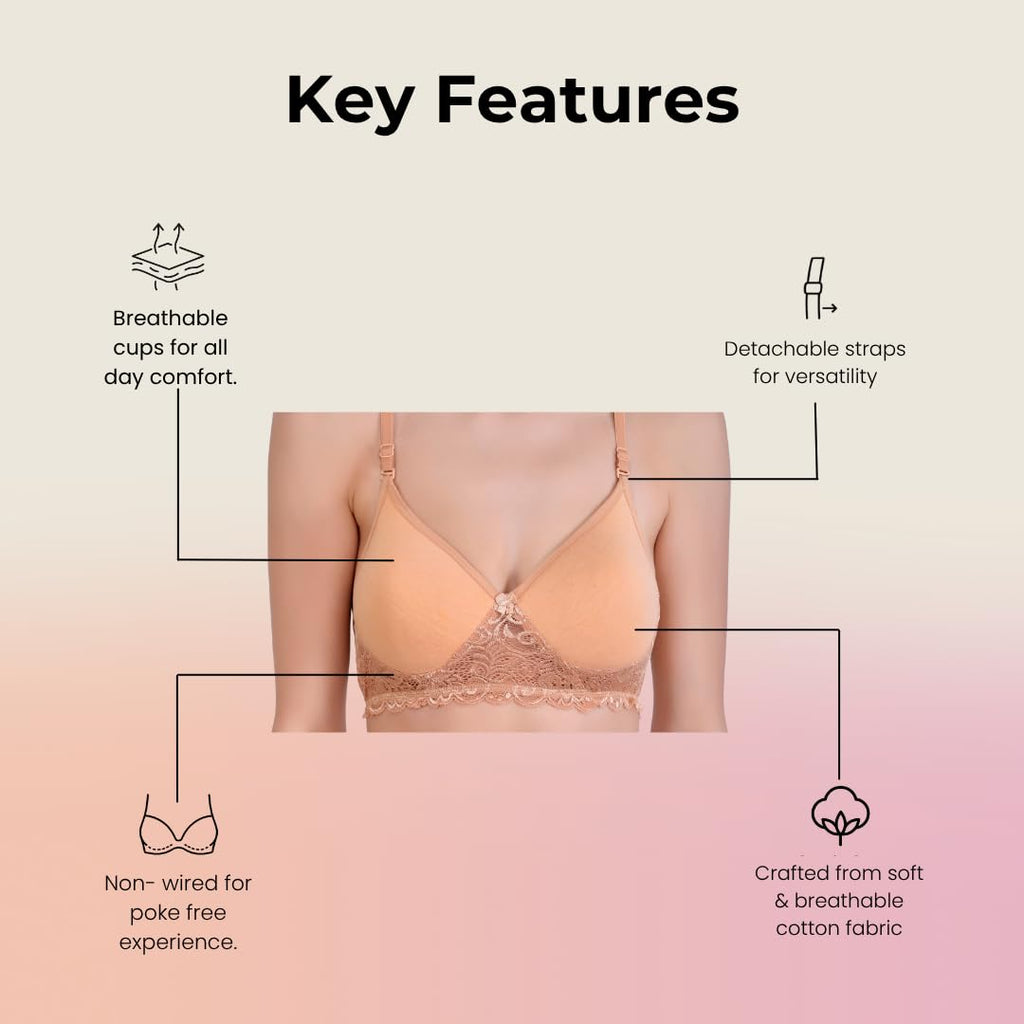 Hawty Shotty Lightly Padded Seamless T-Shirt Bra | Full Coverage Wire-Free Lacy Padded Cotton Bra for Women | Adjustable Straps - Skin