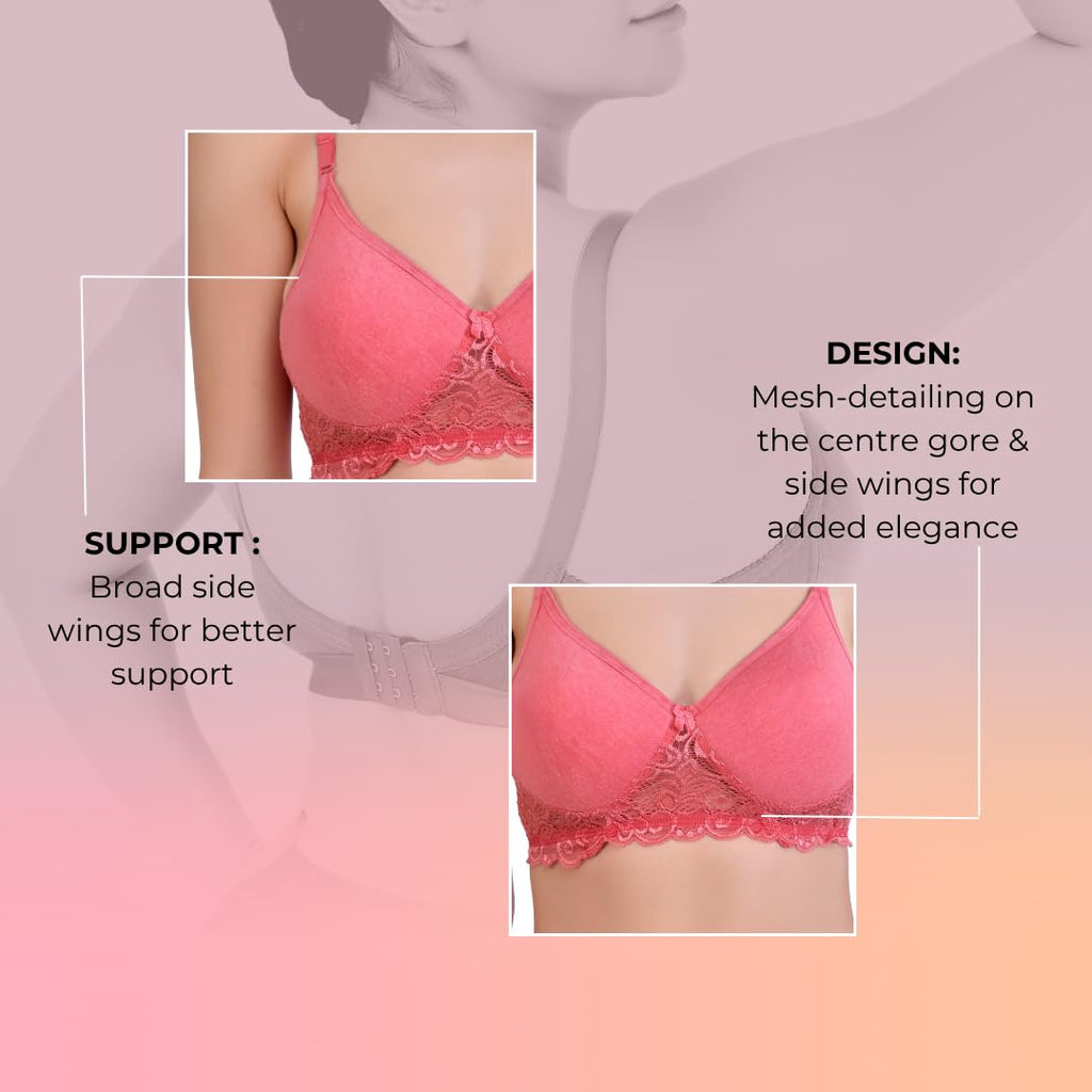 Hawty Shotty Lightly Padded Seamless T-Shirt Bra | Full Coverage Wire-Free Lacy Padded Cotton Bra for Women | Adjustable Straps - Pink