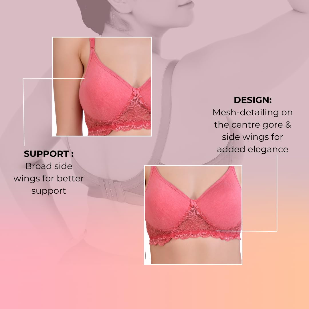 Hawty Shotty Lightly Padded Seamless T-Shirt Bra | Full Coverage Wire-Free Lacy Padded Cotton Bra for Women | Adjustable Straps - Pink