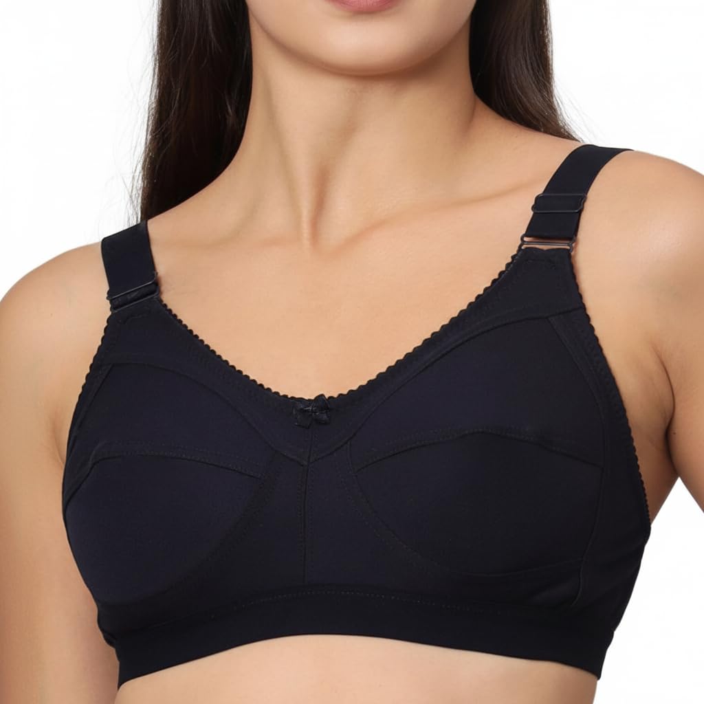 Savauge Full Coverage Non-Padded Cotton Blend Bra | Seamed Support Bra for Heavy Bust with Adjustable Straps | Minimizer Bra for Women - Navy Blue