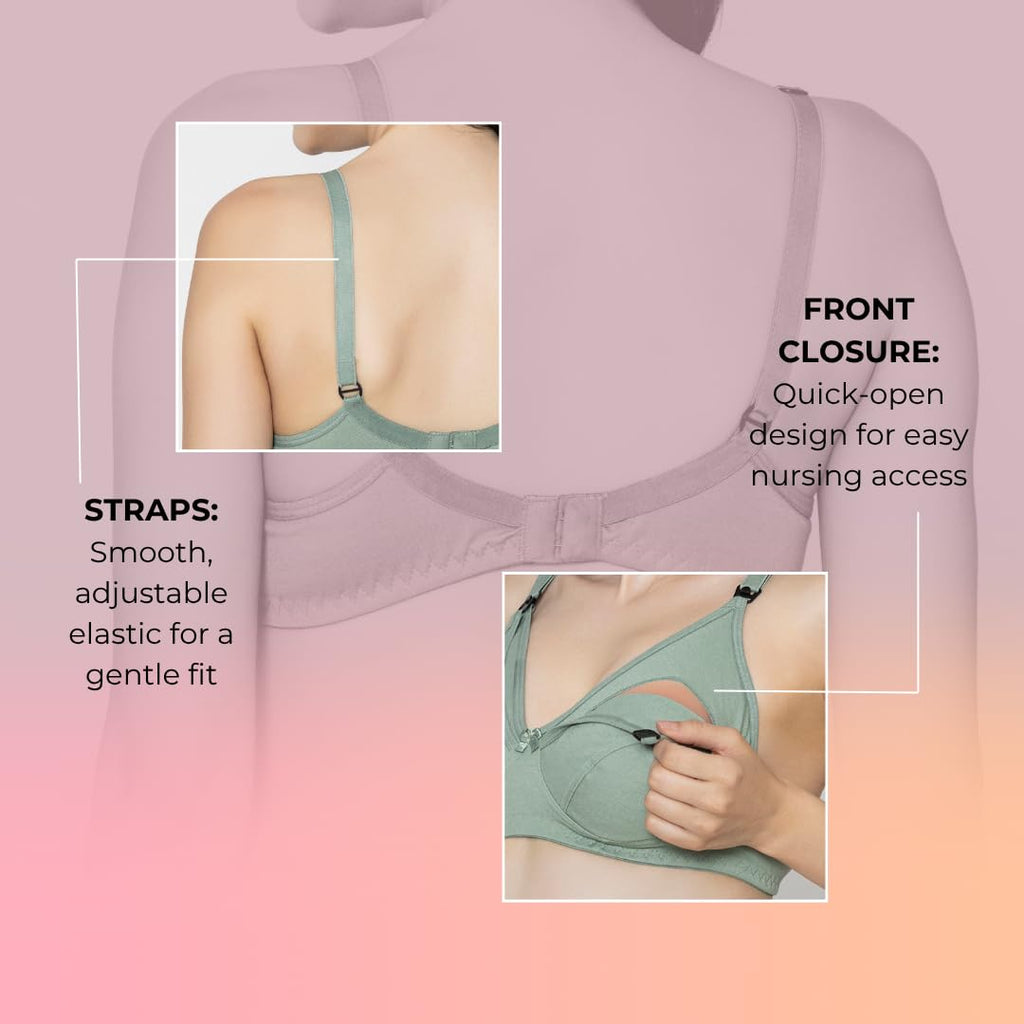 LA-Amour Maternity Bra | Non-Padded, Non-Wired Cotton Blend Feeding Bra for Breastfeeding Moms | Full Coverage Seamed Bra for Lactating Mothers - Green
