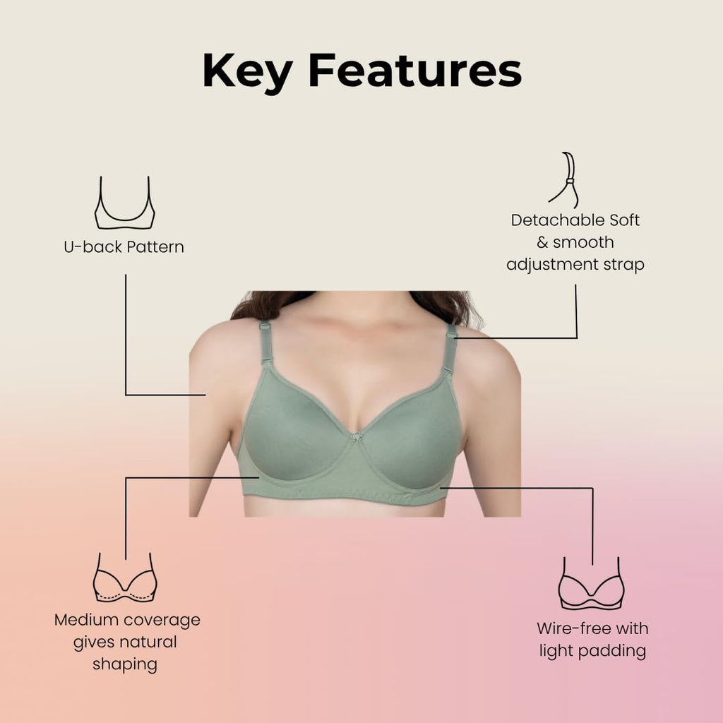 Bloom Cotton Blend Lightly Padded Bra | Seamless Full Coverage T-Shirt Bra for Women | Wire-Free Daily Use Innerwear - Green