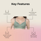 Bloom Cotton Blend Lightly Padded Bra | Seamless Full Coverage T-Shirt Bra for Women | Wire-Free Daily Use Innerwear - Green