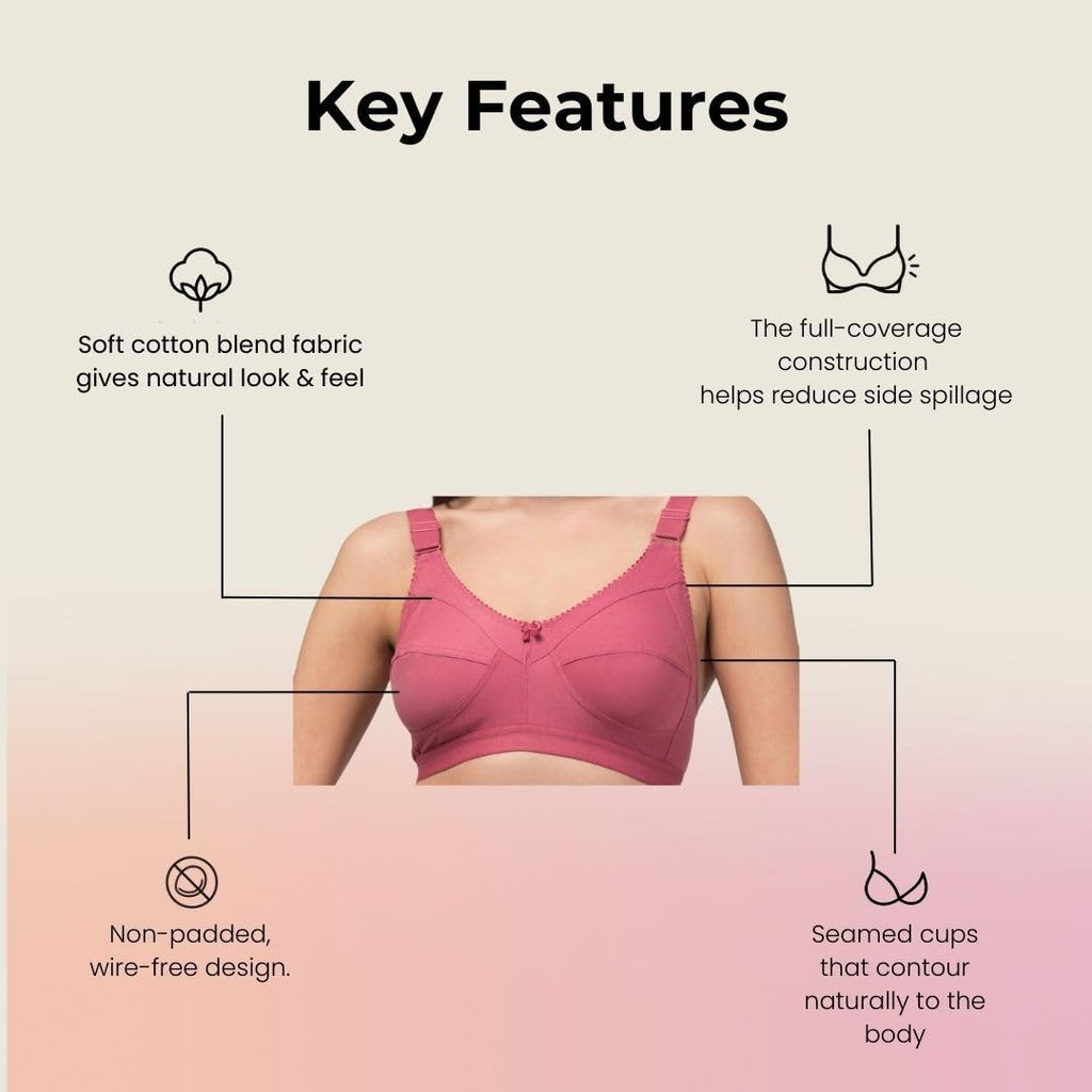 Amber Full Coverage Non-Padded Cotton Blend Wire-Free Seamed Bra | Comfortable Everyday Innerwear for Women - Pink