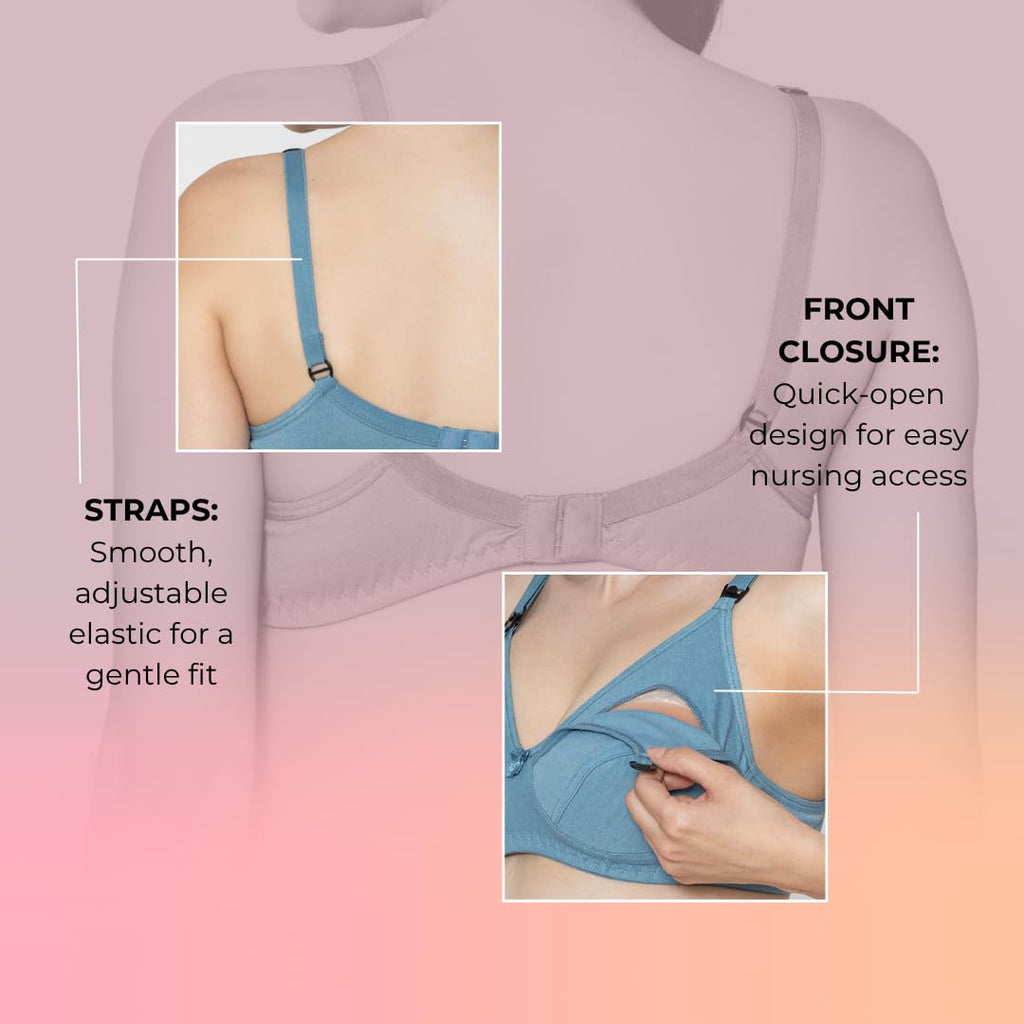 LA-Amour Maternity Bra | Non-Padded, Non-Wired Cotton Blend Feeding Bra for Breastfeeding Moms | Full Coverage Seamed Bra for Lactating Mothers - Blue