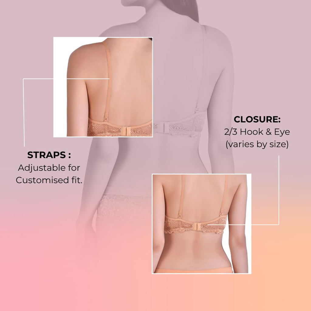 Hawty Shotty Lightly Padded Seamless T-Shirt Bra | Full Coverage Wire-Free Lacy Padded Cotton Bra for Women | Adjustable Straps - Skin