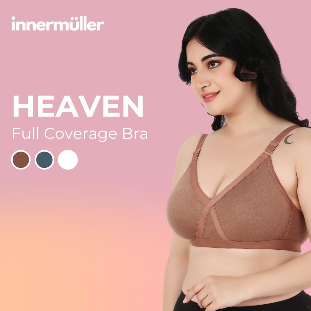Heaven Full Coverage Non-Padded Cotton Melange Bra | Front-Cross Seamed Support Bra for Heavy Bust | Minimizer Innerwear for Women & Daily Use - Brown