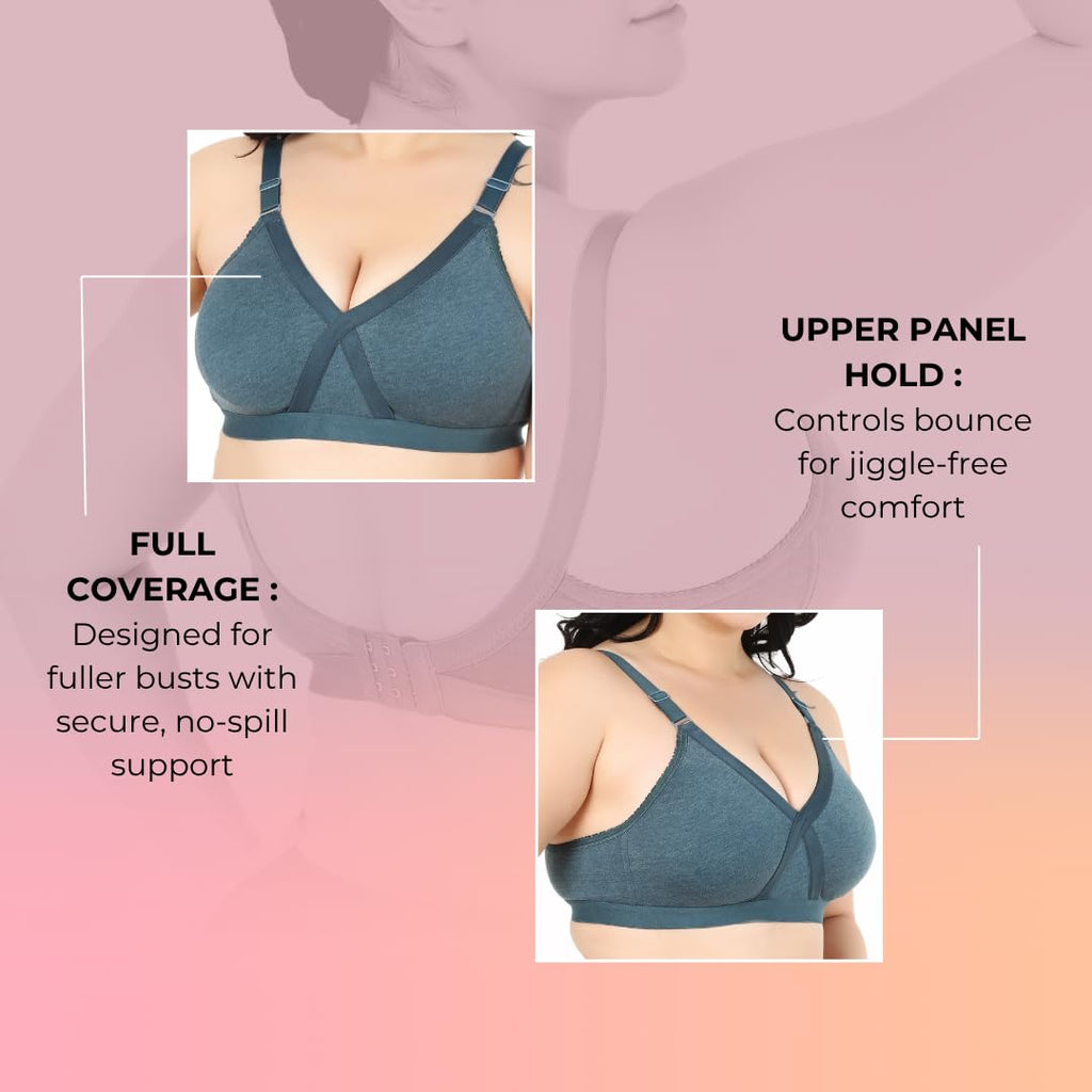 Heaven Full Coverage Non-Padded Cotton Melange Bra | Front-Cross Seamed Support Bra for Heavy Bust | Minimizer Innerwear for Women & Daily Use - Sea Green