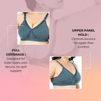 Heaven Full Coverage Non-Padded Cotton Melange Bra | Front-Cross Seamed Support Bra for Heavy Bust | Minimizer Innerwear for Women & Daily Use - Sea Green