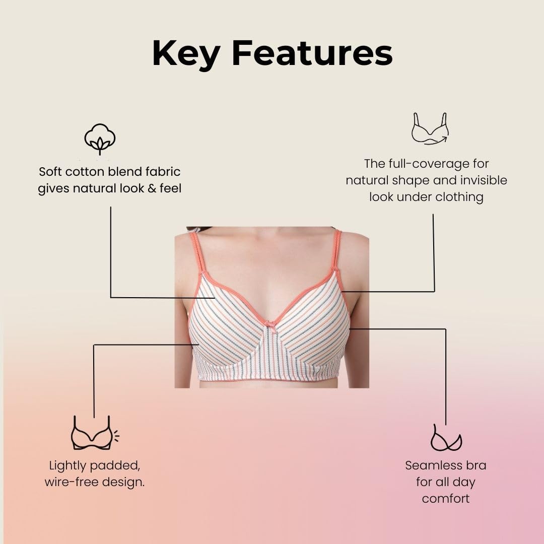 Innermuller VICTORIA Women's Cotton Lightly Padded Everyday Bra | Full Coverage | Soft Wire-Free Innerwear (Green, Orange, Pink)