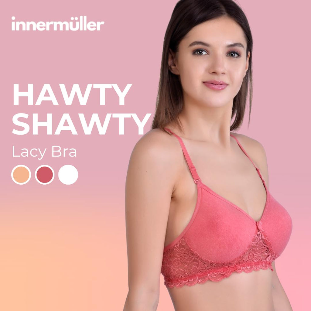 Hawty Shotty Lightly Padded Seamless T-Shirt Bra | Full Coverage Wire-Free Lacy Padded Cotton Bra for Women | Adjustable Straps - Pink