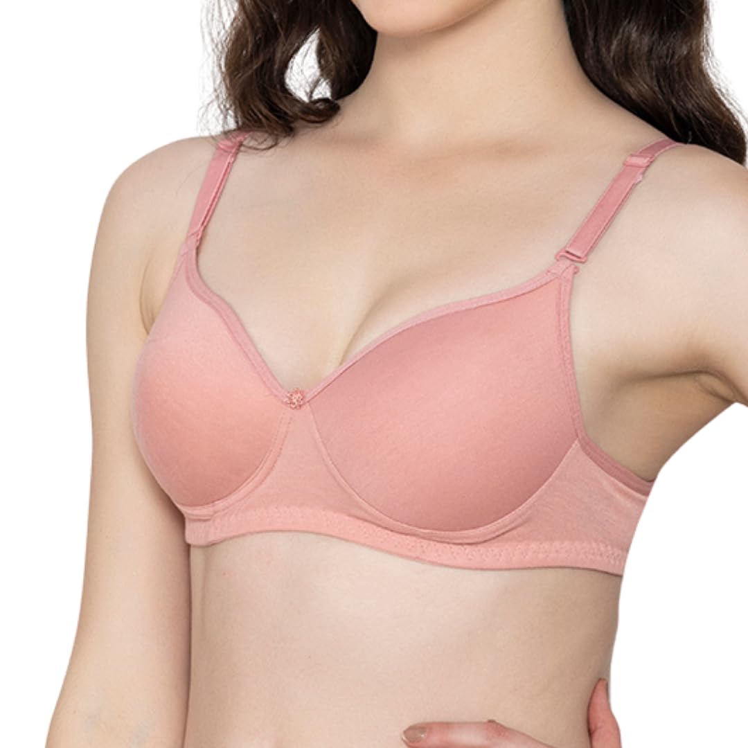 Bloom Cotton Blend Lightly Padded Bra | Seamless Full Coverage T-Shirt Bra for Women | Wire-Free Daily Use Innerwear - Pink