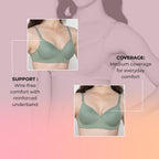 Bloom Cotton Blend Lightly Padded Bra | Seamless Full Coverage T-Shirt Bra for Women | Wire-Free Daily Use Innerwear - Green