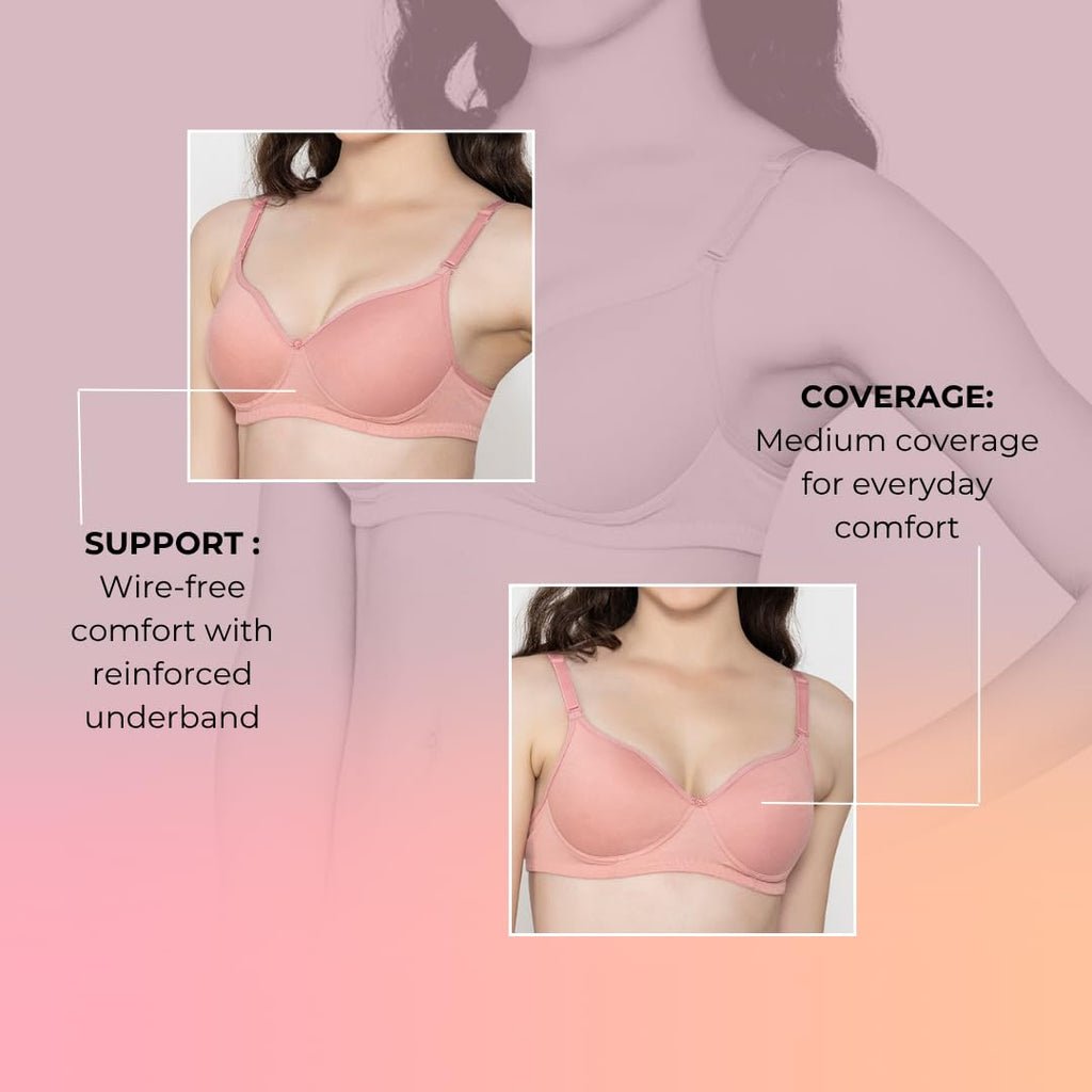 Bloom Cotton Blend Lightly Padded Bra | Seamless Full Coverage T-Shirt Bra for Women | Wire-Free Daily Use Innerwear - Pink