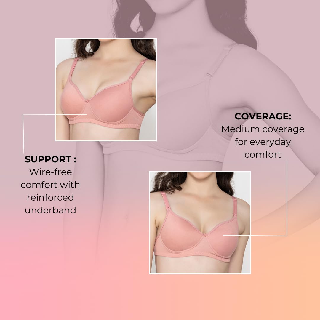 Bloom Cotton Blend Lightly Padded Bra | Seamless Full Coverage T-Shirt Bra for Women | Wire-Free Daily Use Innerwear - Pink