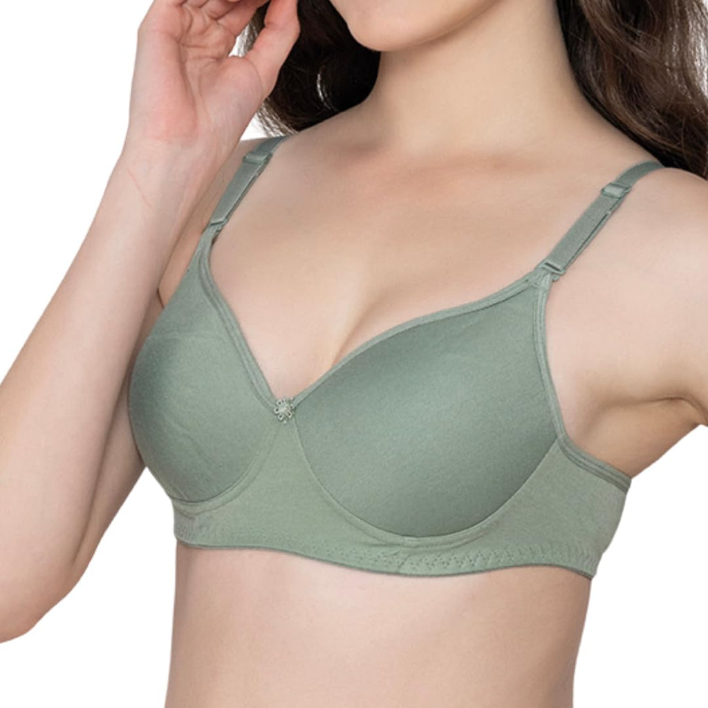 Bloom Cotton Blend Lightly Padded Bra | Seamless Full Coverage T-Shirt Bra for Women | Wire-Free Daily Use Innerwear - Green