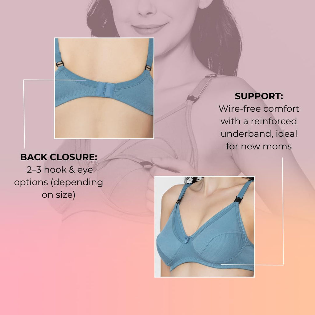 LA-Amour Maternity Bra | Non-Padded, Non-Wired Cotton Blend Feeding Bra for Breastfeeding Moms | Full Coverage Seamed Bra for Lactating Mothers - Blue