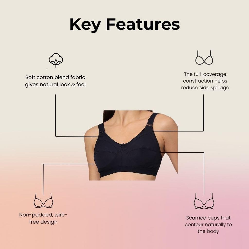 Savauge Full Coverage Non-Padded Cotton Blend Bra | Seamed Support Bra for Heavy Bust with Adjustable Straps | Minimizer Bra for Women - Navy Blue
