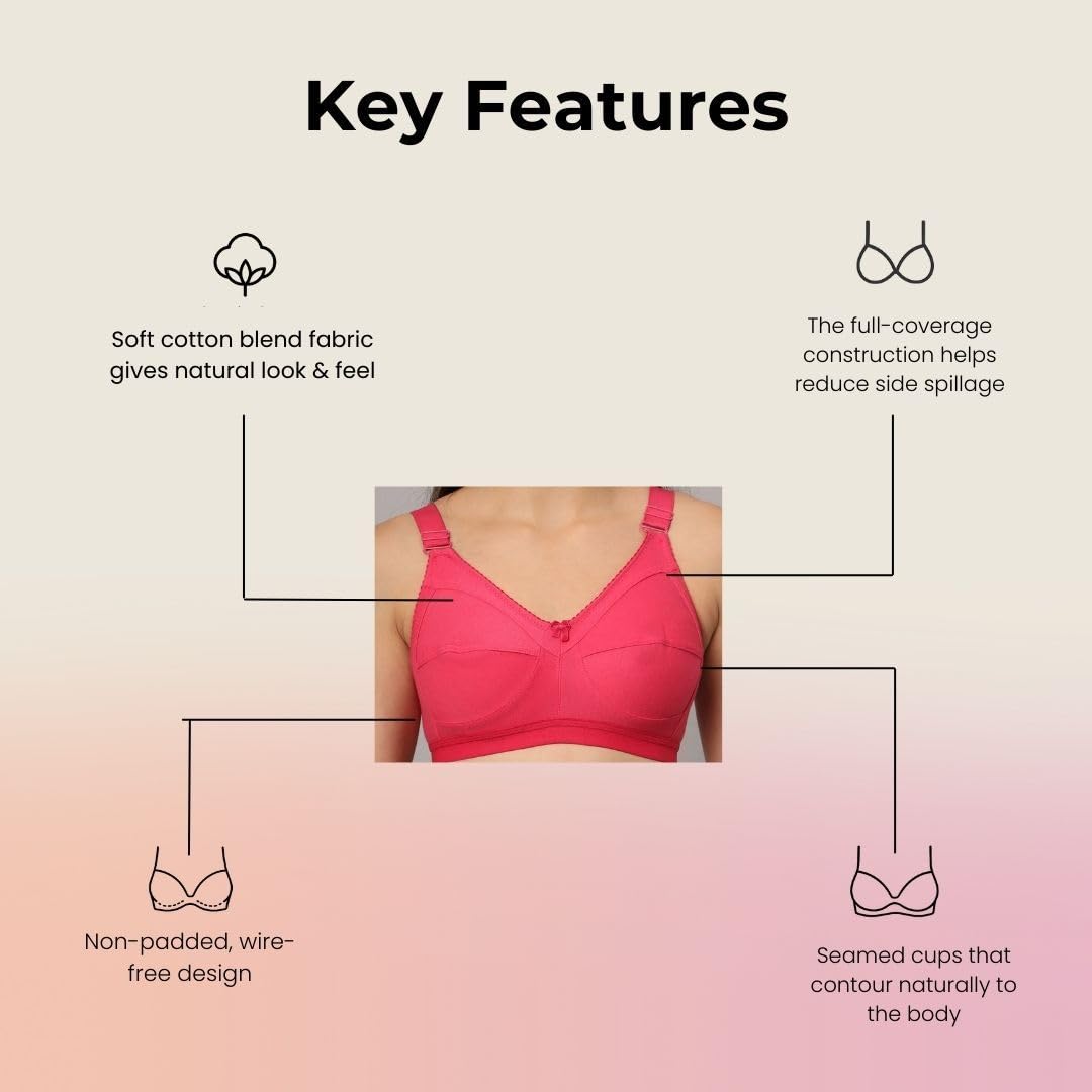 Savauge Full Coverage Non-Padded Cotton Blend Bra | Seamed Support Bra for Heavy Bust with Adjustable Straps | Minimizer Bra for Women - Pink