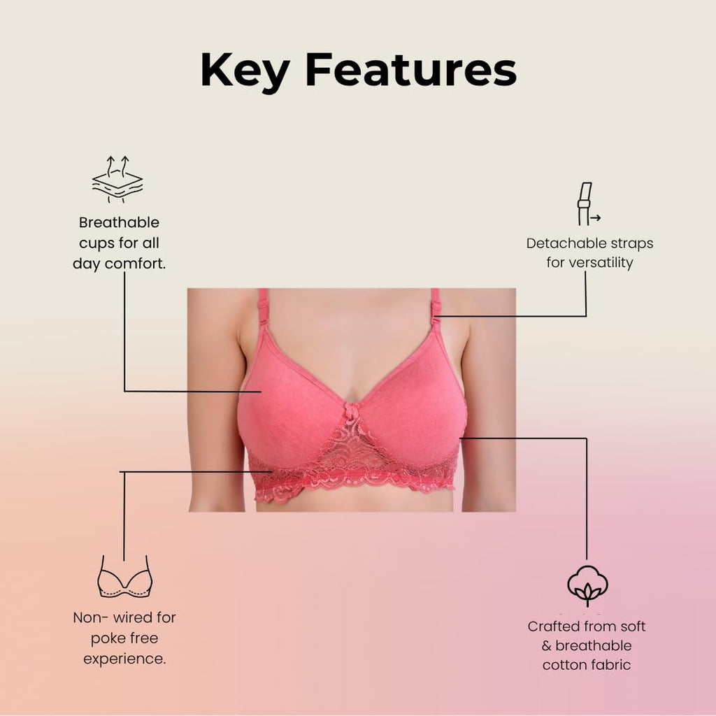 Hawty Shotty Lightly Padded Seamless T-Shirt Bra | Full Coverage Wire-Free Lacy Padded Cotton Bra for Women | Adjustable Straps - Pink