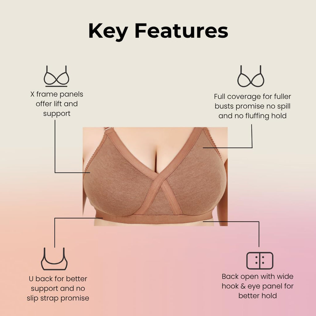 Heaven Full Coverage Non-Padded Cotton Melange Bra | Front-Cross Seamed Support Bra for Heavy Bust | Minimizer Innerwear for Women & Daily Use - Brown