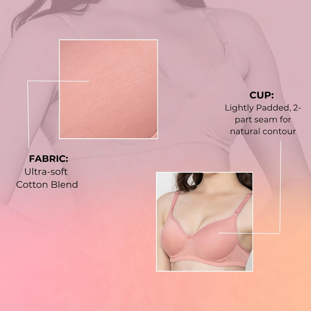 Bloom Cotton Blend Lightly Padded Bra | Seamless Full Coverage T-Shirt Bra for Women | Wire-Free Daily Use Innerwear - Pink