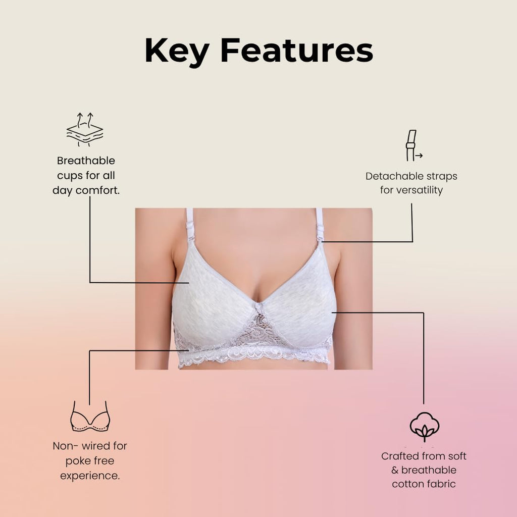Hawty Shotty Lightly Padded Seamless T-Shirt Bra | Full Coverage Wire-Free Lacy Padded Cotton Bra for Women | Adjustable Straps - Ice Blue