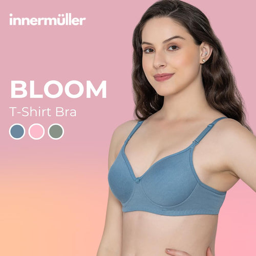 Bloom Cotton Blend Lightly Padded Bra | Seamless Full Coverage T-Shirt Bra for Women | Wire-Free Daily Use Innerwear - Blue