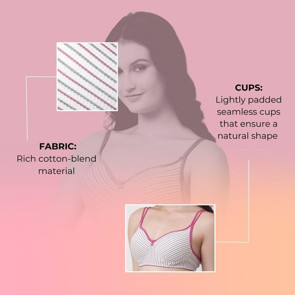 Innermuller VICTORIA Women's Cotton Lightly Padded Everyday Bra | Full Coverage | Soft Wire-Free Innerwear (Green, Orange, Pink)