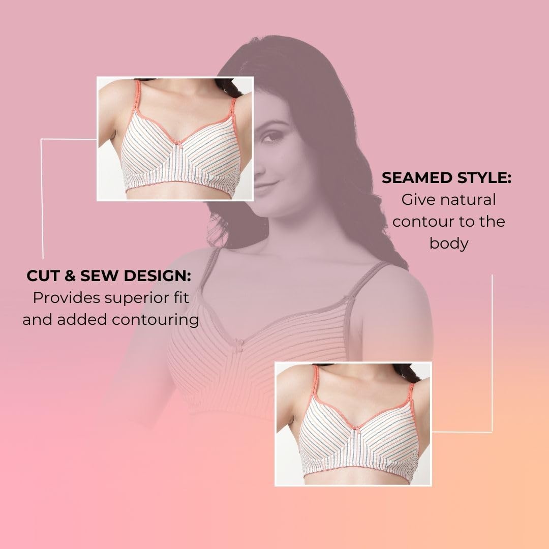 Innermuller VICTORIA Women's Cotton Lightly Padded Everyday Bra | Full Coverage | Soft Wire-Free Innerwear (Green, Orange, Pink)