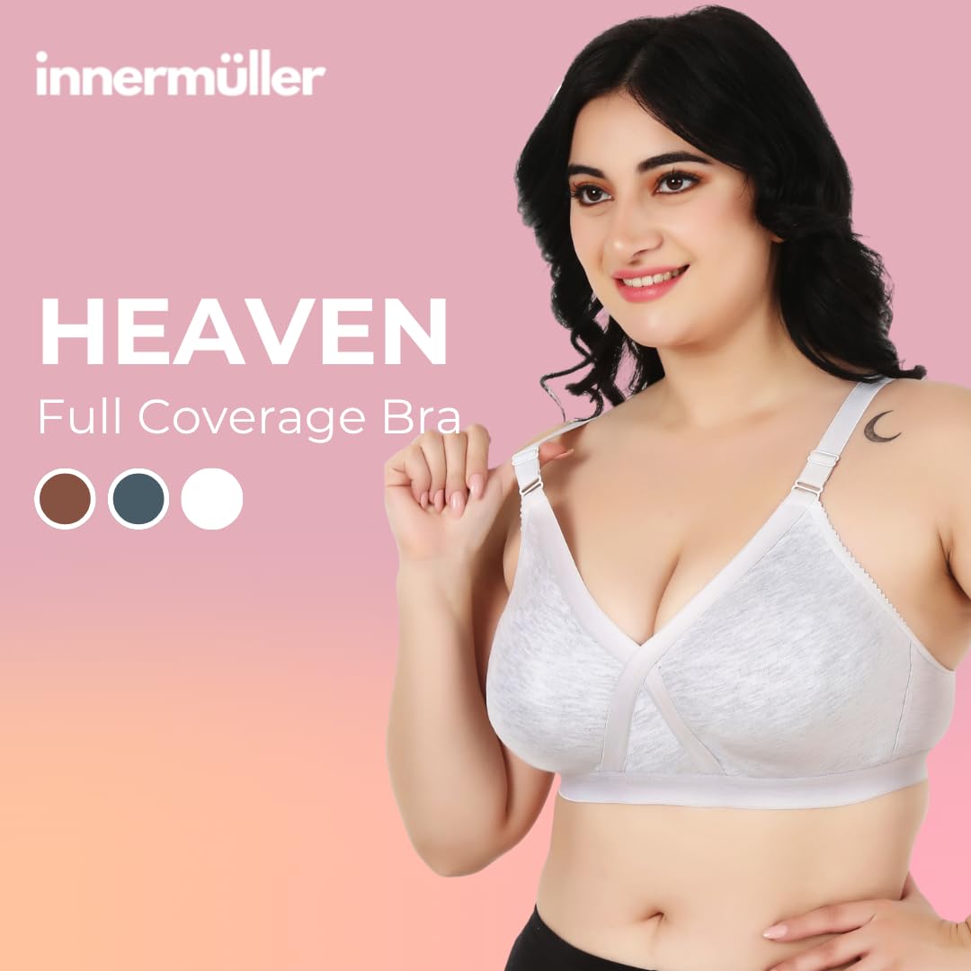 Heaven Full Coverage Non-Padded Cotton Melange Bra | Front-Cross Seamed Support Bra for Heavy Bust | Minimizer Innerwear for Women & Daily Use - White