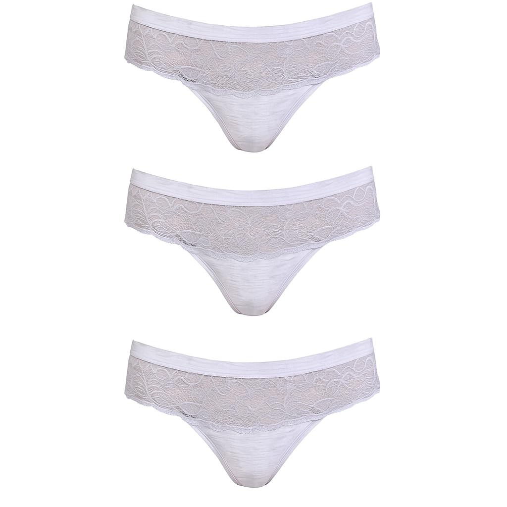 Hawty Shotty Panty Cotton Blend Mid-Rise Bikini Panties for Women | Seamless Lacy Design Underwear | Comfortable & Stretchable Panty Combo Pack of 3 - Ice Blue