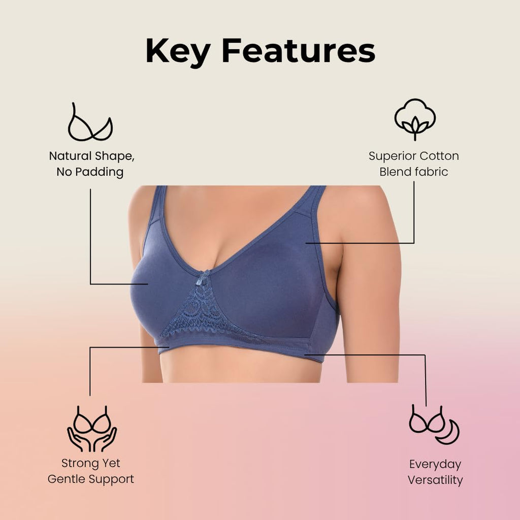 Nora Full Coverage Non-Padded Cotton Blend Minimizer Bra | Seamed Support Bra for Heavy Bust | Everyday Innerwear Bra for Women - Blue