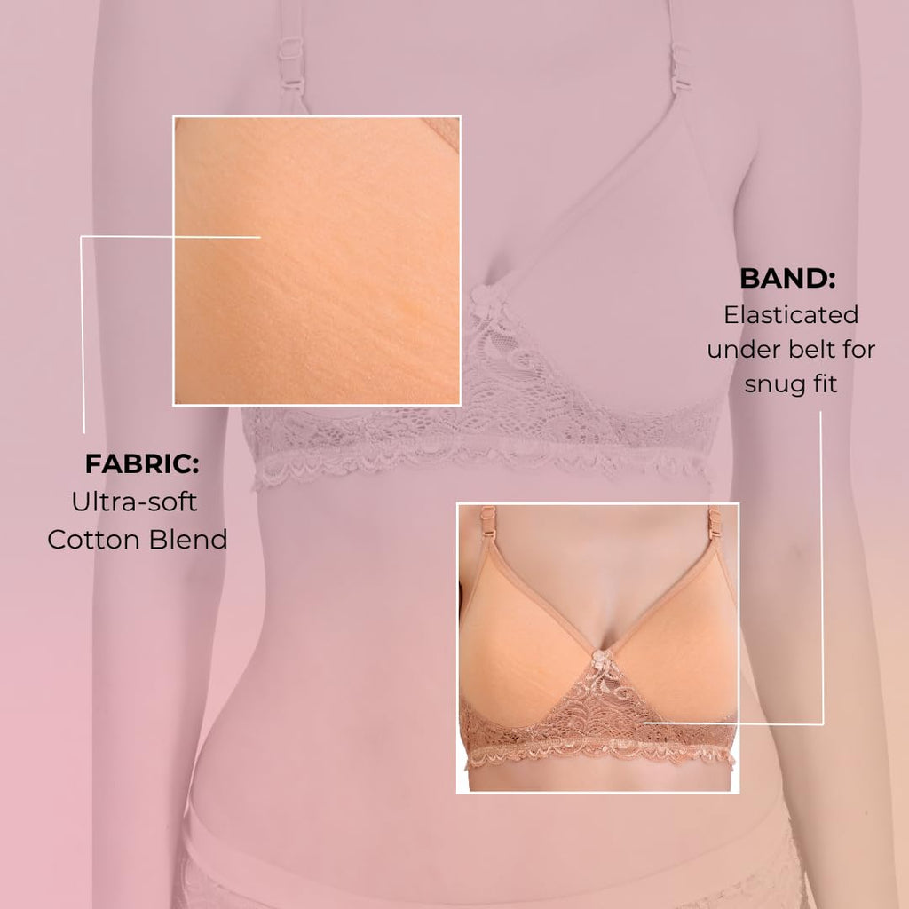 Hawty Shotty Lightly Padded Seamless T-Shirt Bra | Full Coverage Wire-Free Lacy Padded Cotton Bra for Women | Adjustable Straps - Skin
