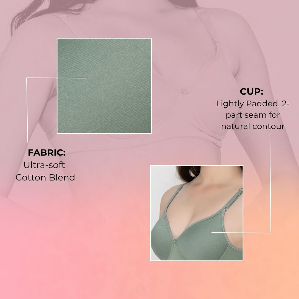 Bloom Cotton Blend Lightly Padded Bra | Seamless Full Coverage T-Shirt Bra for Women | Wire-Free Daily Use Innerwear - Green