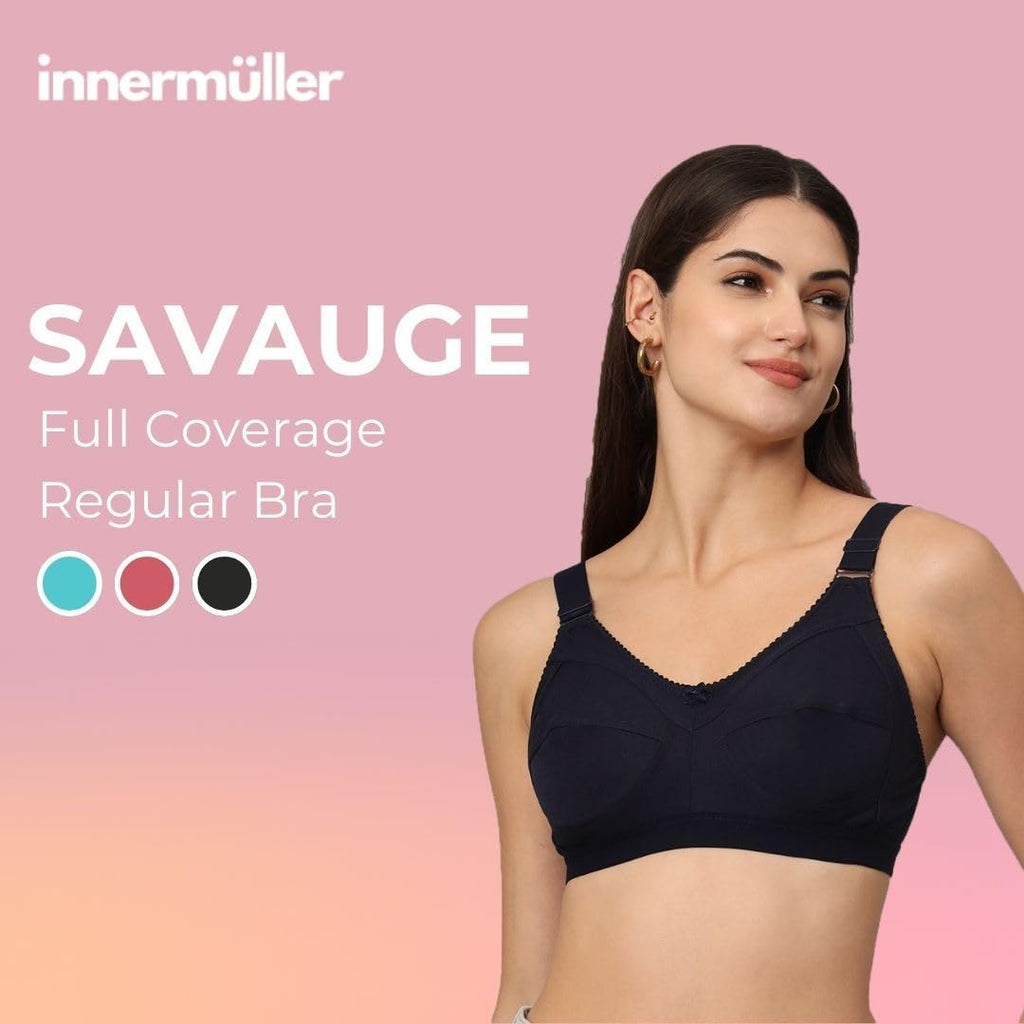 Savauge Full Coverage Non-Padded Cotton Blend Bra | Seamed Support Bra for Heavy Bust with Adjustable Straps | Minimizer Bra for Women - Navy Blue