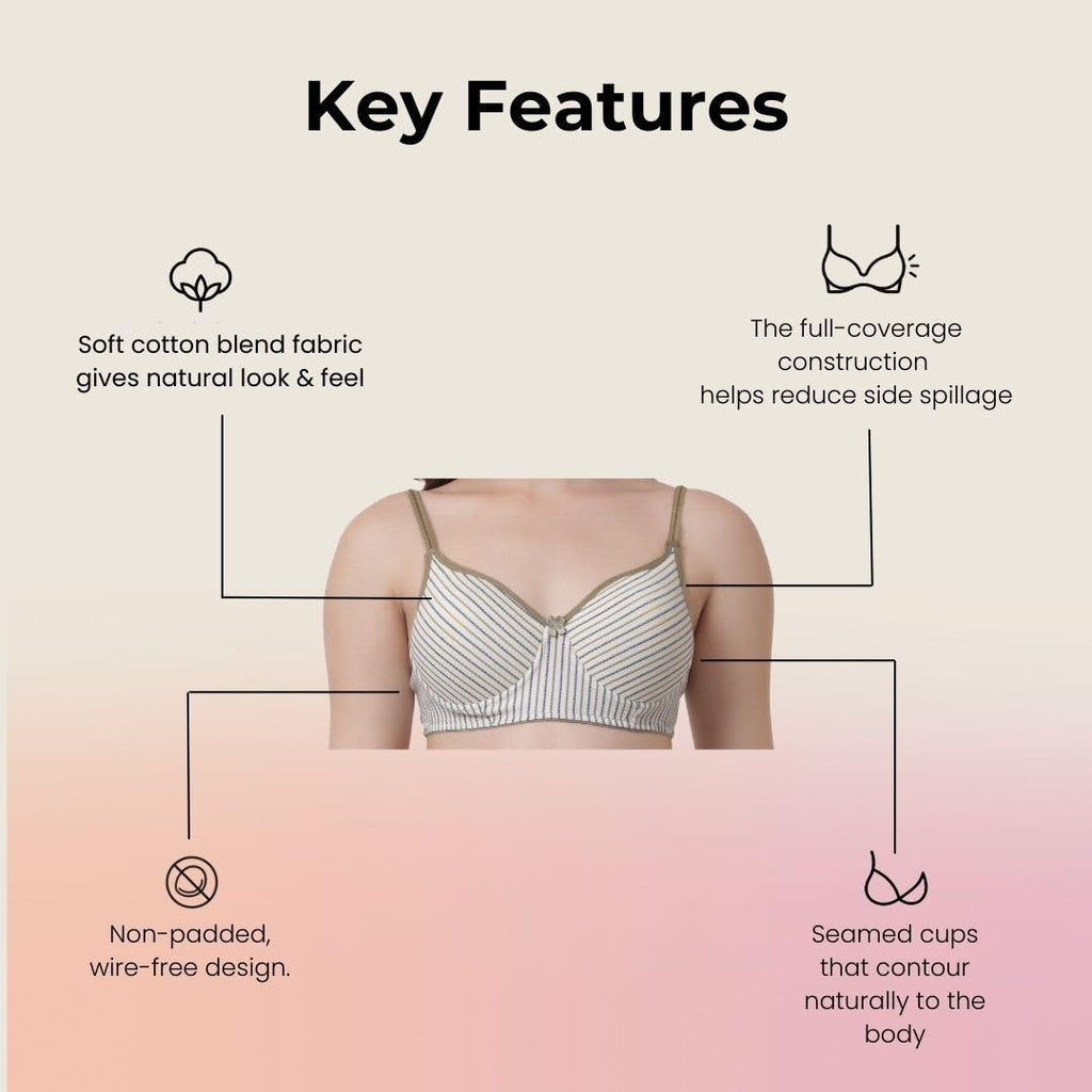 Innermuller VICTORIA Women's Cotton Lightly Padded Everyday Bra | Full Coverage | Soft Wire-Free Innerwear (Green, Orange, Pink)