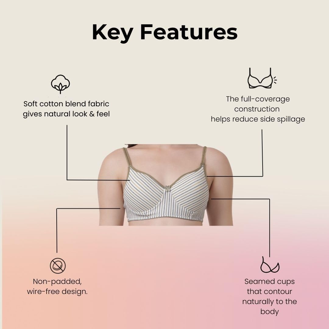 Innermuller VICTORIA Women's Cotton Lightly Padded Everyday Bra | Full Coverage | Soft Wire-Free Innerwear (Green, Orange, Pink)