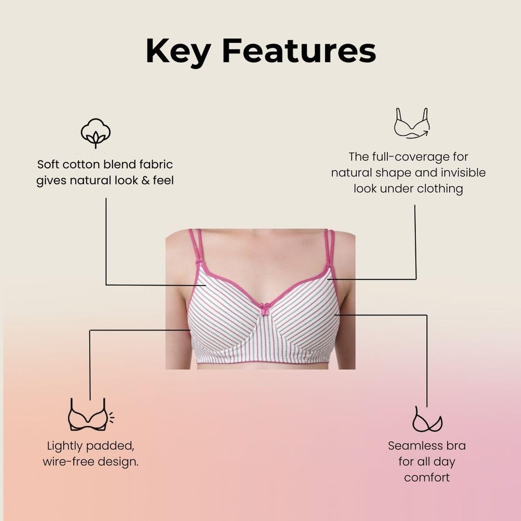 Innermuller VICTORIA Women's Cotton Lightly Padded Everyday Bra | Full Coverage | Soft Wire-Free Innerwear (Green, Orange, Pink)