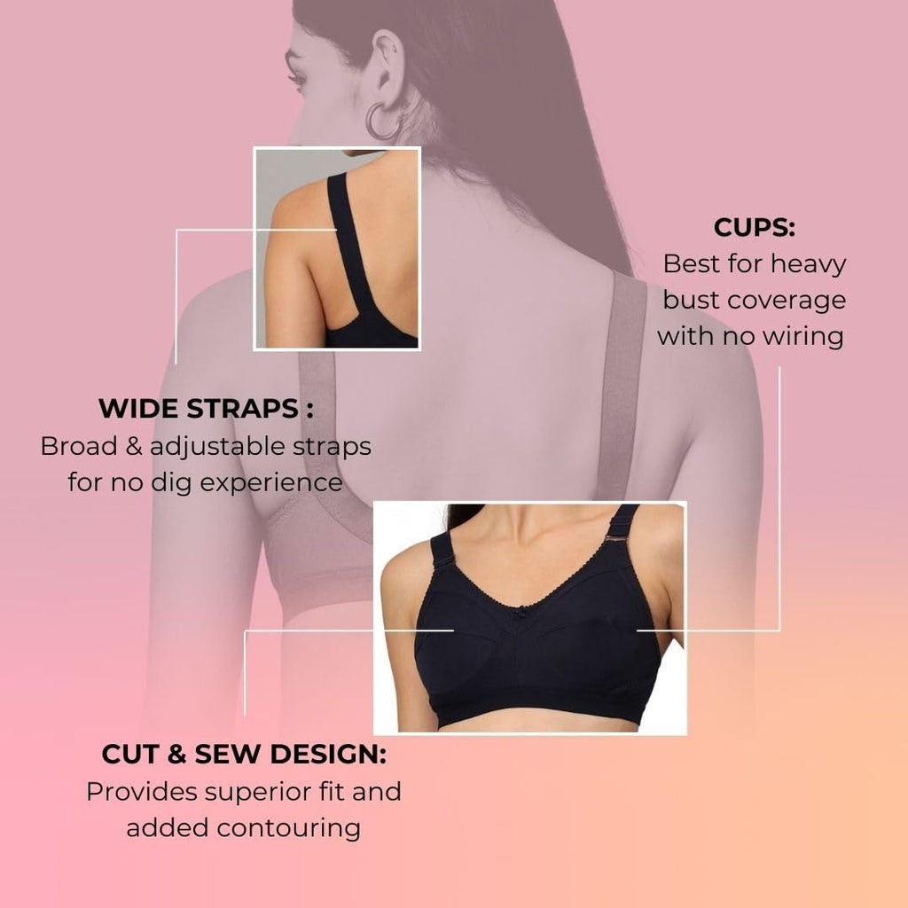 Savauge Full Coverage Non-Padded Cotton Blend Bra | Seamed Support Bra for Heavy Bust with Adjustable Straps | Minimizer Bra for Women - Navy Blue