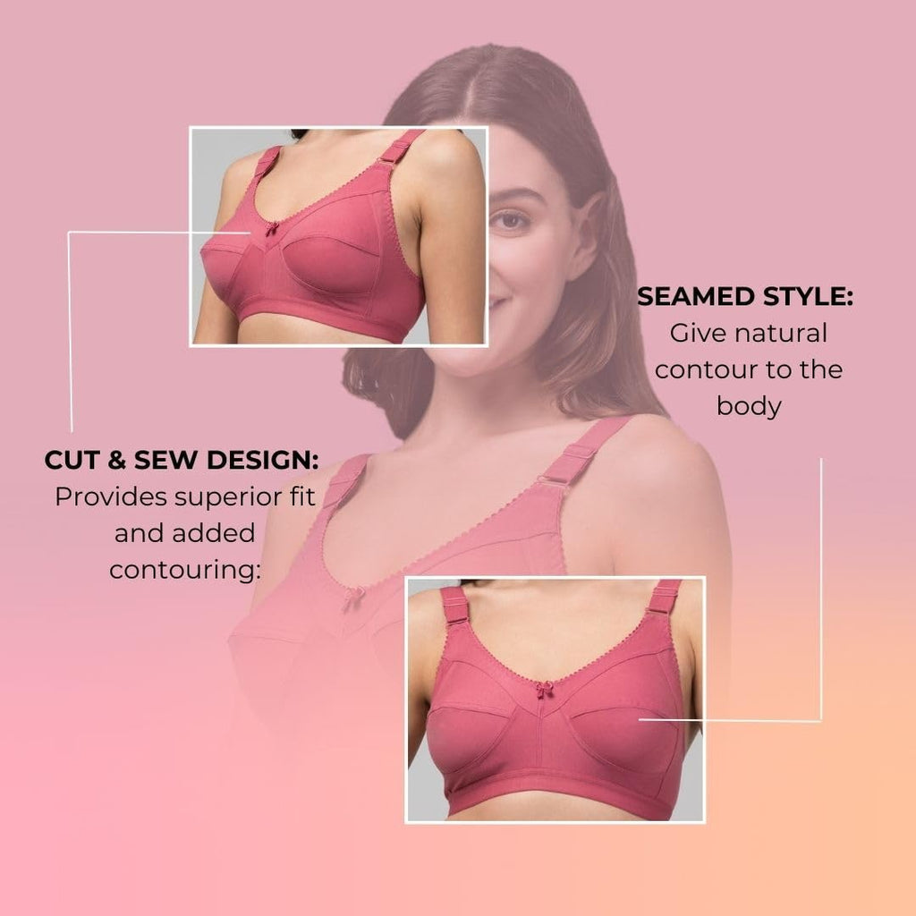 Amber Full Coverage Non-Padded Cotton Blend Wire-Free Seamed Bra | Comfortable Everyday Innerwear for Women - Pink