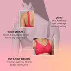 Savauge Full Coverage Non-Padded Cotton Blend Bra | Seamed Support Bra for Heavy Bust with Adjustable Straps | Minimizer Bra for Women - Pink