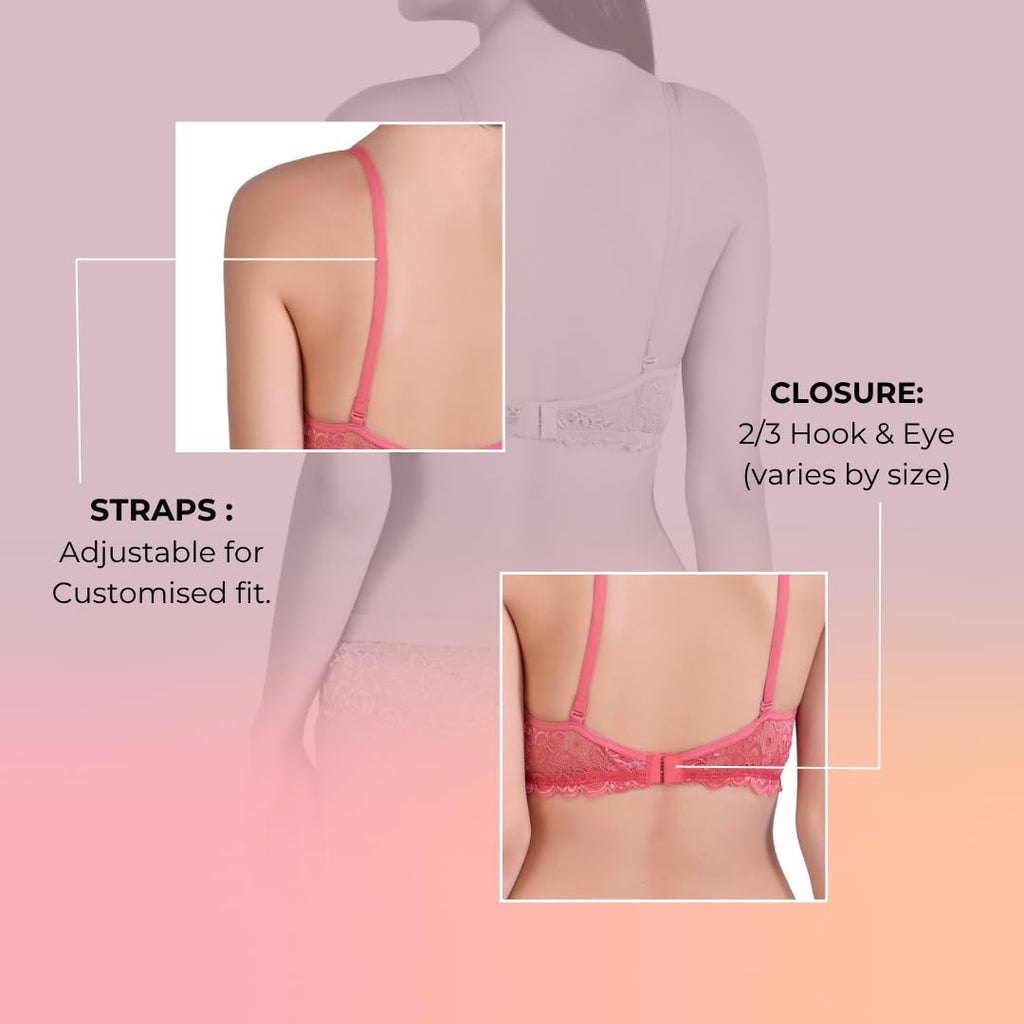 Hawty Shotty Lightly Padded Seamless T-Shirt Bra | Full Coverage Wire-Free Lacy Padded Cotton Bra for Women | Adjustable Straps - Pink